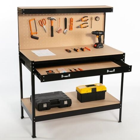 SwitZer Steel Garage Workbench Toolbox Storage With Drawers Pegboard and 20 Pegs Shelf DIY Workshop Station Black