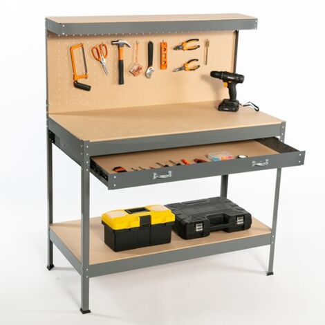 SwitZer Steel Garage Workbench Toolbox Storage With Drawers Pegboard and 20 Pegs Shelf DIY Workshop Station Grey