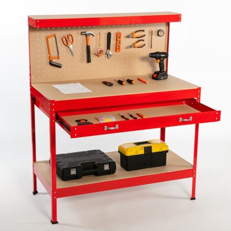 SwitZer Steel Garage Workbench Toolbox Storage With Drawers Pegboard and 20 Pegs Shelf DIY Workshop Station Red