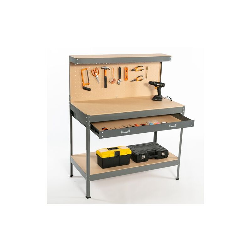 SwitZer Steel Garage Workbench Toolbox Storage With Drawers Pegboard and 20 Pegs Shelf DIY Workshop Station Grey