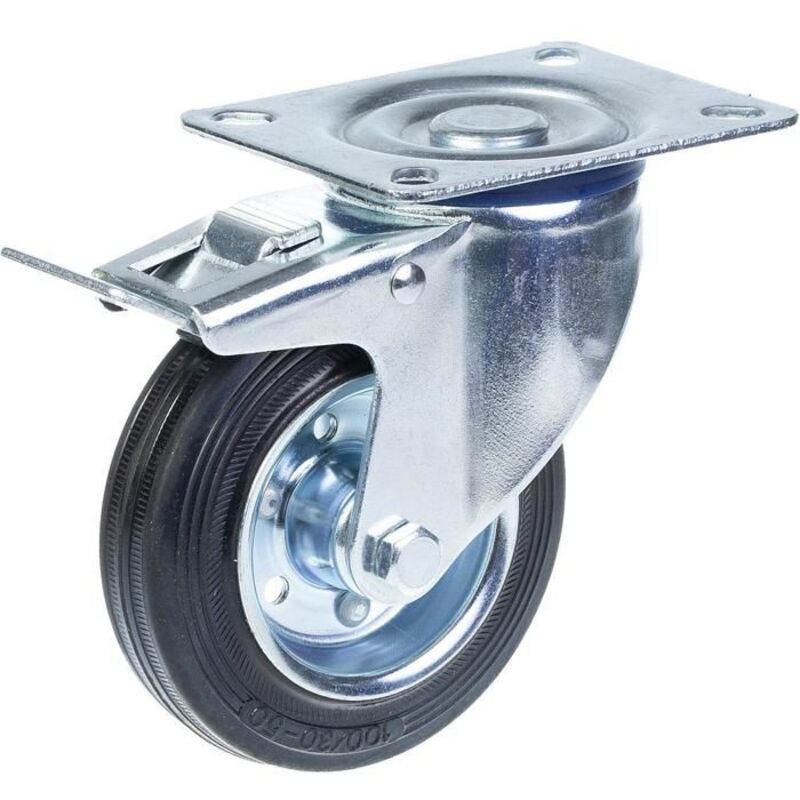 Swivel caster - 100mm - Black rubber - Foot-operated brake - Stamped steel