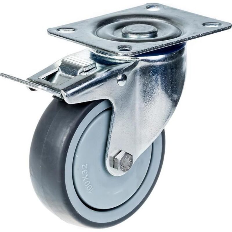Swivel caster - 100mm - Grey rubber - Brake - Capacity 110kg