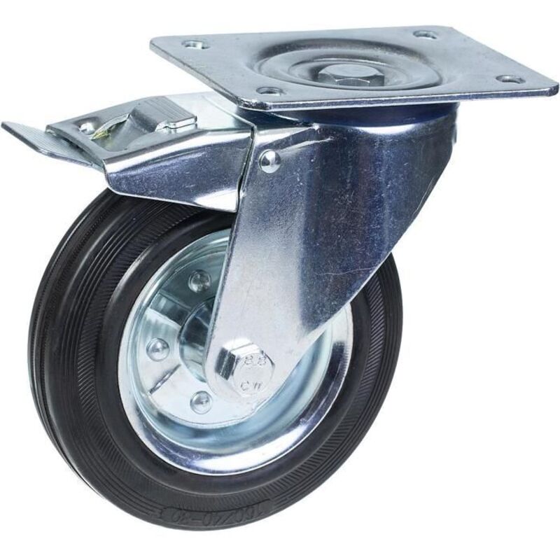 Swivel caster - 160mm - Black rubber - Brake - Load capacity 150kg
