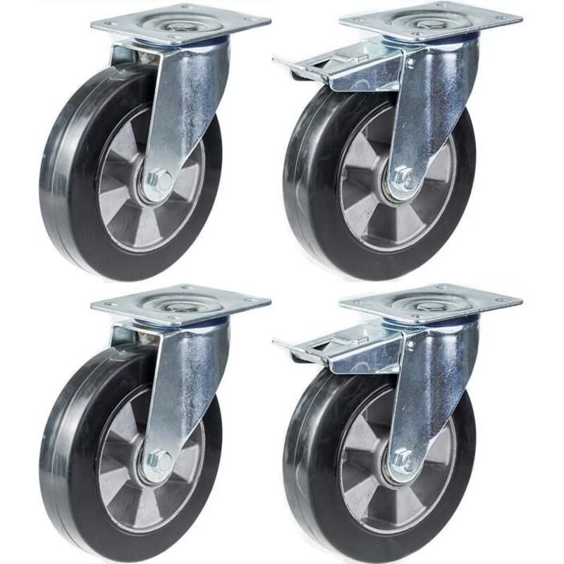 Swivel caster - 200mm - Black elastic rubber - Set of 4 - Brake included