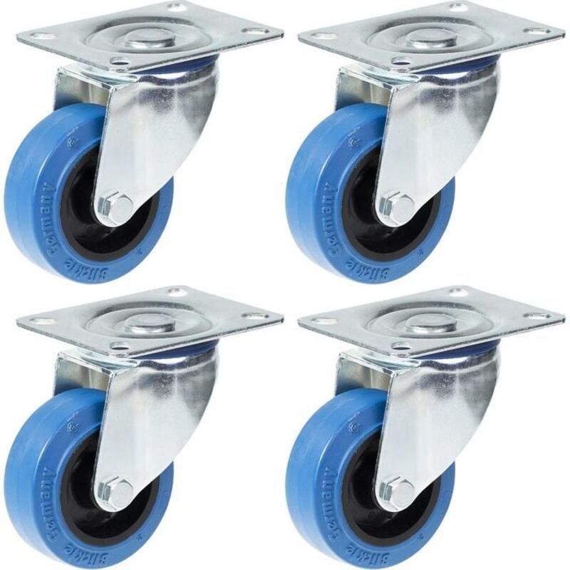 Swivel caster - 80 mm - Blue rubber - Set of 4 - Top plate 100x80 mm