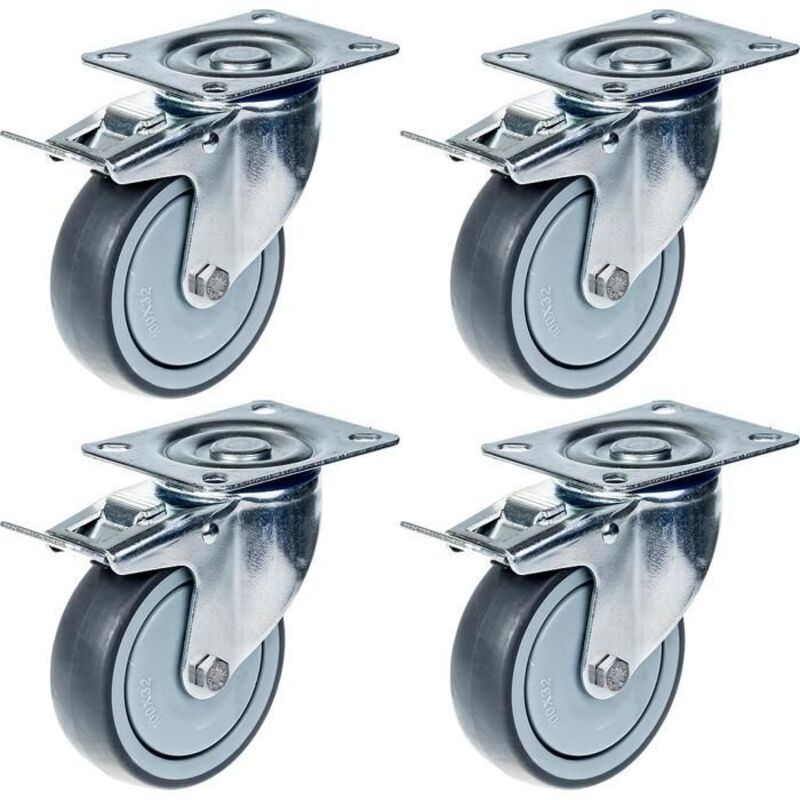 Swivel caster - 80mm - Grey rubber - Brake - Capacity 320kg - Set of 4