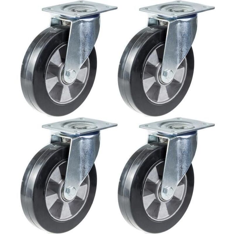 Swivel Caster - Black - 200mm - Set of 4 - Capacity 1400kg - Elastic Rubber