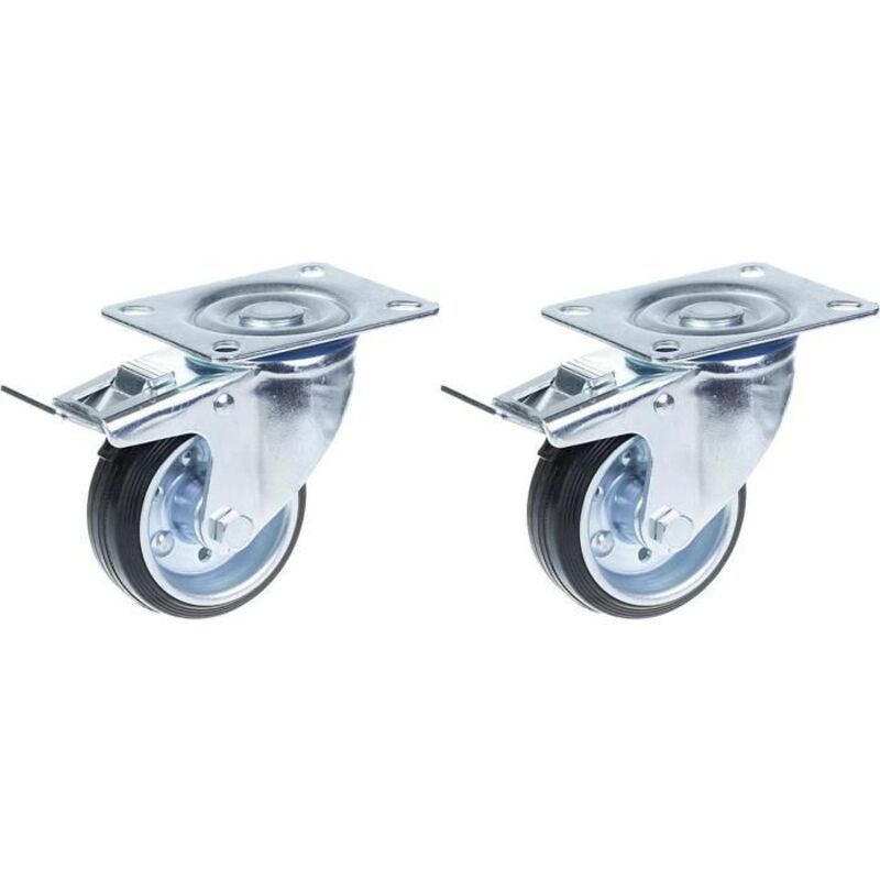Swivel caster with brake - 80mm - Black rubber - Set of 2 - Top plate