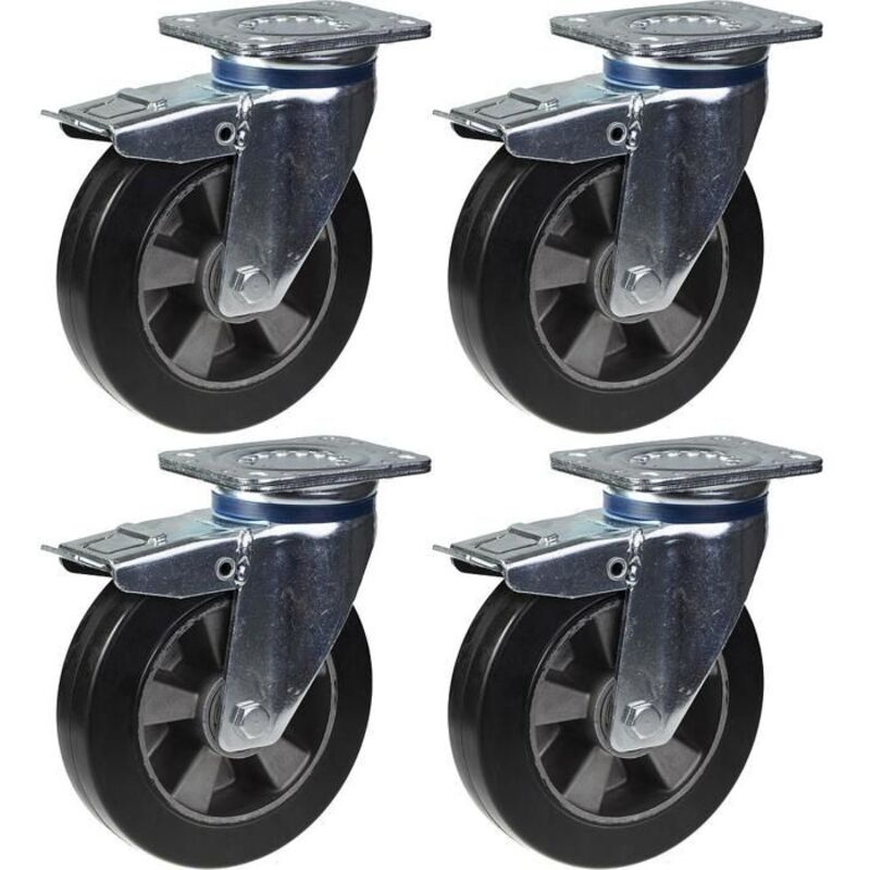 Swivel casters - 200 mm - Black rubber - Brake - Set of 4