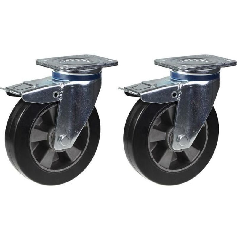 Swivel casters - 200 mm - Black rubber - Set of 2 - Brake included
