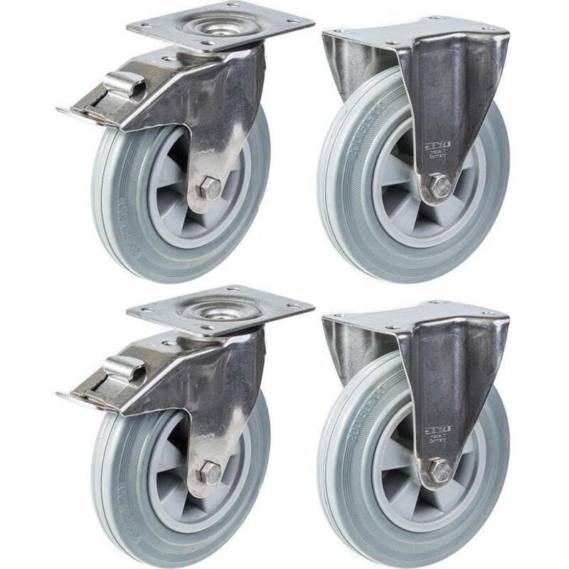 Swivel casters - PARNELLS - 200 mm - Stainless steel - Gray rubber - Set of 4
