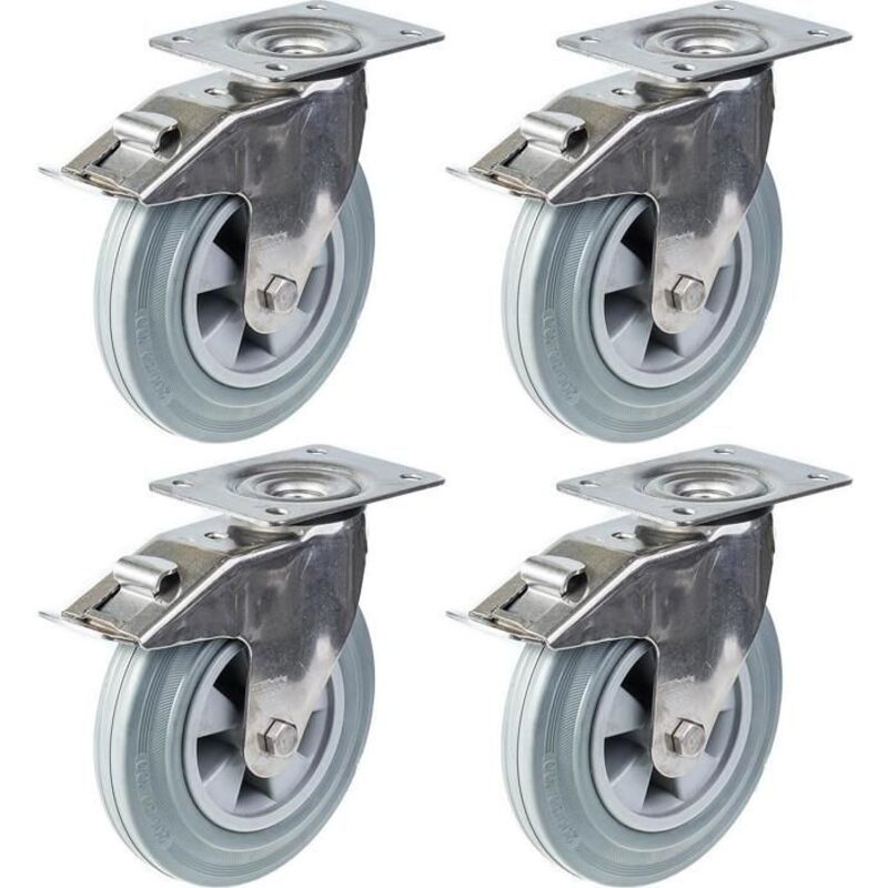 Swivel casters - PARNELLS - 200 mm - Stainless steel - Grey rubber - Integrated brake