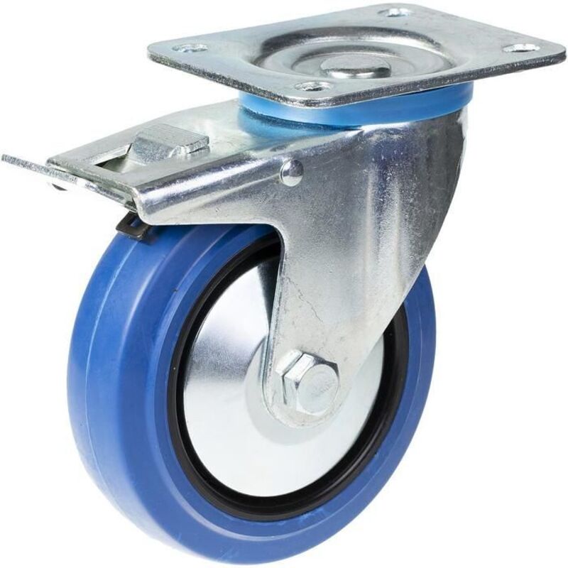 Swivel Castor - Blue Rubber - 125mm - 200kg - Foot Brake - Plate Mounting