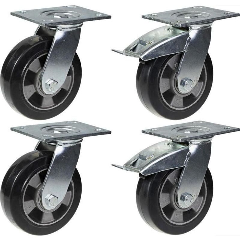 Swivel Castor - PARNELLS - 152 mm - Black Rubber - Set of 4 - Integrated Brake