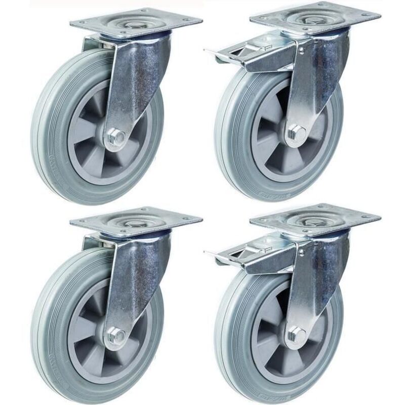 Swivel Castor - PARNELLS - 200mm - Set of 4 - Brake - Grey Rubber