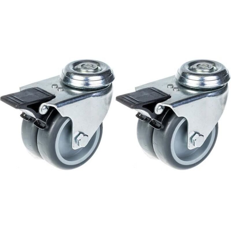 Swivel Wheel - Construction Equipment - 75 mm - Gray Rubber - Double - Integrated Brake
