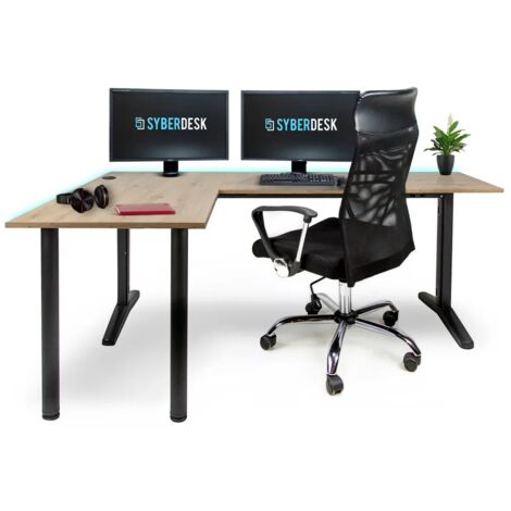 SyberDesk Bureau d'angle de Jeu V2 LED, 197 x 132 cm, Table de Jeu RGB en Forme de L, HUB USB, Gestion des câbles, Bureau d'ordinateur en Forme de L (Gauche, Bois)