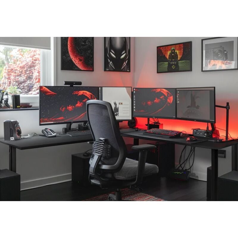 Syberdesk - Bureau d'angle de jeu V2 led, 197 x 132 cm, table de jeu rgb en forme de l, hub usb, gestion des câbles, bureau d'ordinateur en forme de