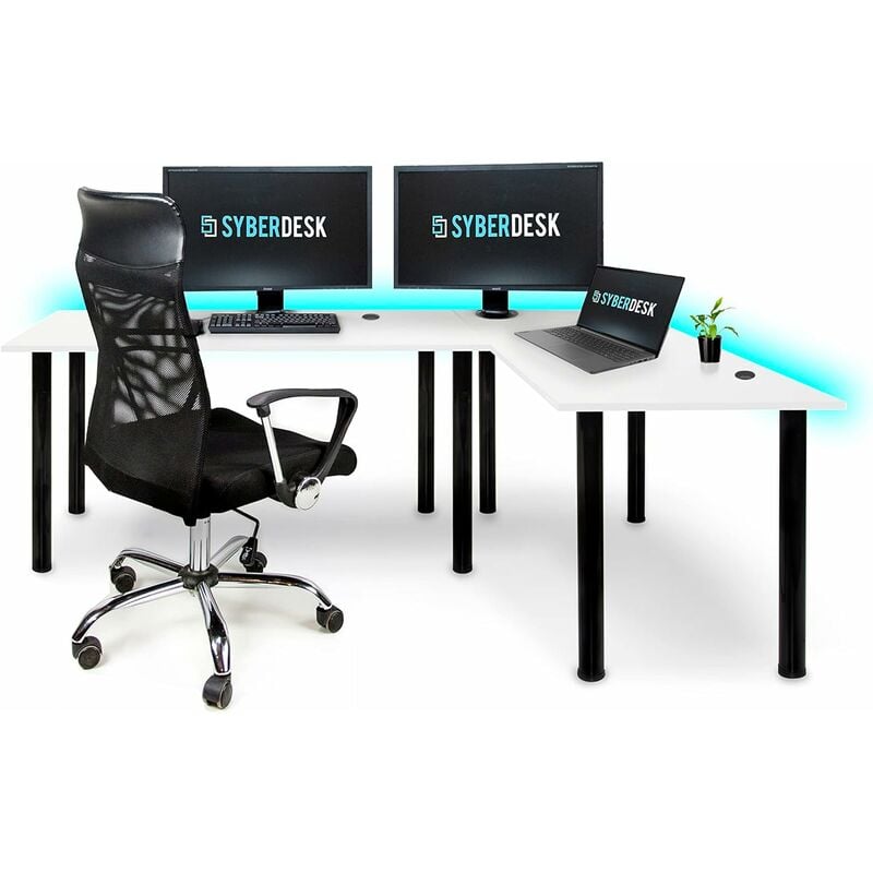 Syberdesk - Bureau d'angle Gaming Pro led - 197 x 132 cm - avec led - Grand Bureau d'ordinateur. (Droit, Blanc)