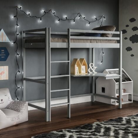 Sydney 3ft Single Wood Bunk Bed With Desk, 90 x 190 cm, Grey