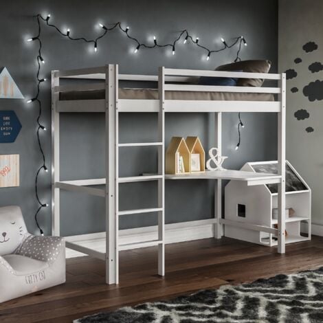 Sydney 3ft Single Wood Bunk Bed With Desk, 90 x 190 cm, White
