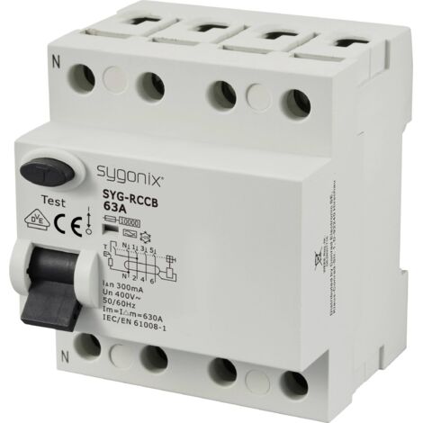 Sygonix SY-6438024 SYG-RCCB 3P+N/A63/10kA/300mA Interrupteur différentiel à courant résiduel A 4 pôles 63 A 0.3 A 400 V/AC A907953