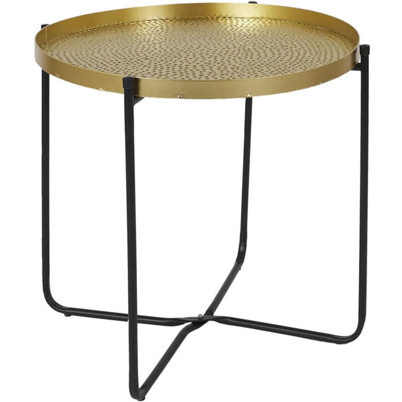 Symba - Table d'Appoint D50cm Plateau en Métal Doré Martelé Pieds en Métal Noir