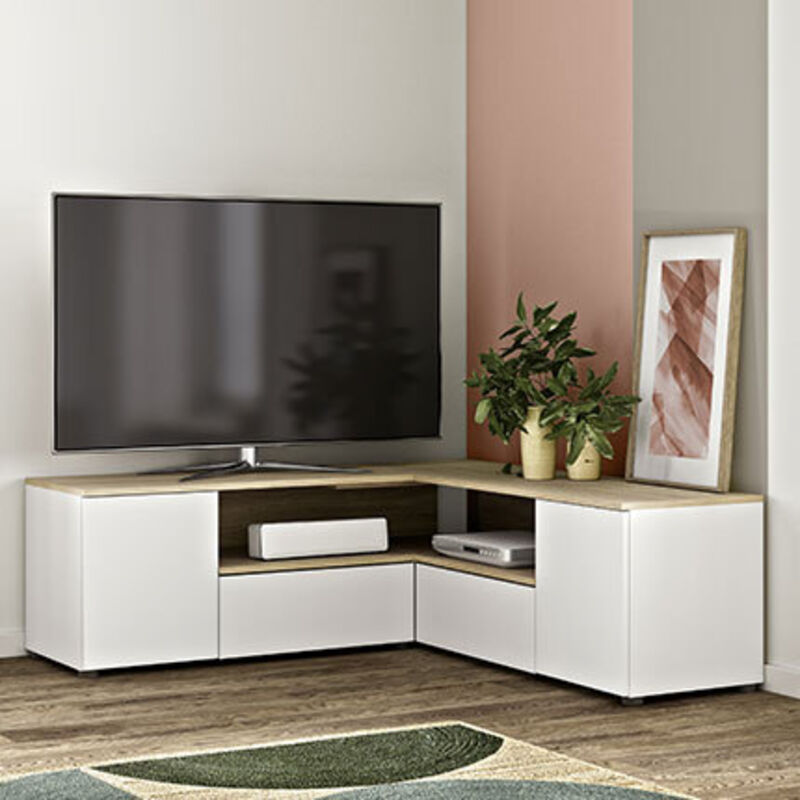 Meuble TV d'angle 130x130x46 cm blanc et chêne - SQUAR
