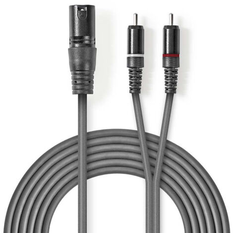 Symmetrisches audiokabel xlr 3 pin male 2x rca male vernickelt 300 m rund pvc dunkelgrau papphulle