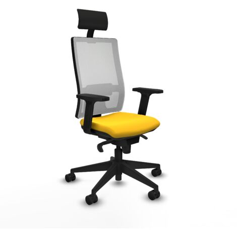 Synchro ottoman mesh blanc simili cuir blanc jaune accoudoirs 2D base pyramidale appui-tête fixe roues en nylon 65mm