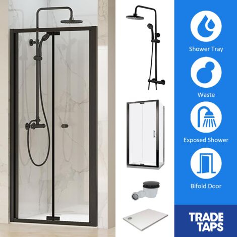 Synergy Designer Black Folding Door 900 x 900mm, Tray, Waste & Trisen Shower Set En-suite