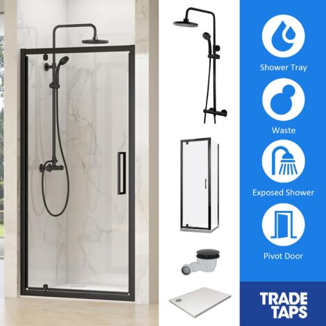Synergy Designer Black Pivot Hinge Door 760 x 760mm, Tray, Waste & Trisen Shower Full Set