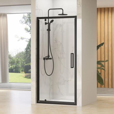 Synergy Designer Black Shower Door 800 x 800mm, Tray & Waste Set Pivot Hinge En-suite Glass