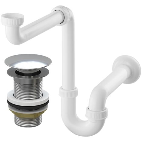 Syphon Évier Économiseur d'Espace en PVC Blanc avec Bouchon Click-Clack Grand Chromé Sans Trop-Plein