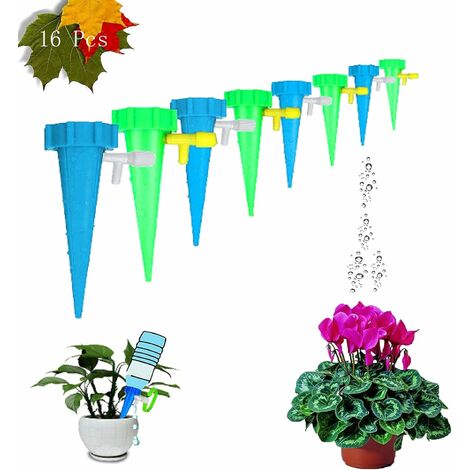 Systeme Arrosage Goutte Goutte 16 pièces Irrigation Goutte Goutte Kit Plante d'irrigation Cône pour Arrosage Bouteille dans Jardin, Balcon, Vacances, Intérieur et Extérieur