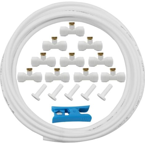 Systeme Brumisation, brumisateur terrasse exterieur Kit, tuyau d'arrosage 5 m + 10 buses de brumisation + 10 sièges de brumisation + 5 bouchons d'extrémité (blanc)