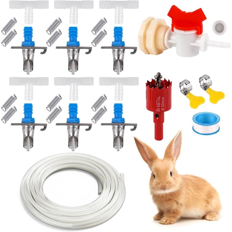 Système d'abreuvement automatique pour lapin, kit d'abreuvement pour lapin alimenté par gravité comprenant 6 jeux d'abreuvoirs à tétines et 16 pieds