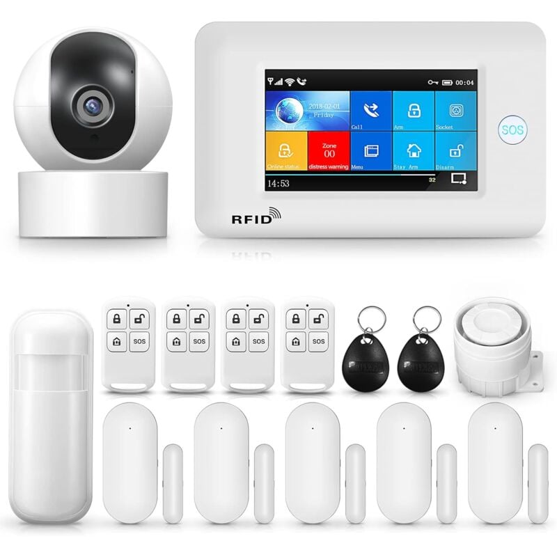 Système d'alarme Domestique, système d'alarme sans Fil 4G WiFi avec caméra de Surveillance 1080p, Alarme antivol Domestique à écran Tactile 4.3