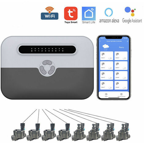 Systeme d'arrosage automatique de jardin Wifi 8 Zones Minuterie d'arrosage Intelligente Fonctionne avec Amazon Alexa Google Assistant Tuya Smart Life Controle vocal
