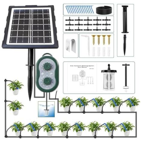 Système d'arrosage solaire pour jardinières, système automatique avec recharge USB, équipé d'un tuyau de 15 m et modes personnalisés, adapté aux jardins, balcons serres -