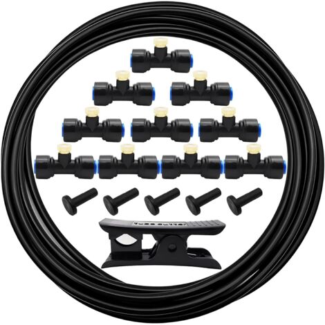 Système de brumisation extérieur, brumisateur terrasse exterieur Kit, tuyau d'arrosage 5 m avec 10 buses de brumisation, 10 siège de pulvérisation et 5 bouchons d'extrémité (noir)