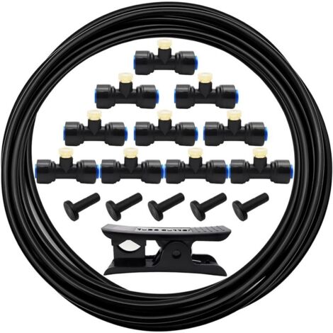 Système de brumisation extérieur, brumisateur terrasse exterieur Kit, tuyau d'arrosage 5 m avec 10 buses de brumisation, 10 siège de pulvérisation et 5 bouchons d'extrémité (noir)