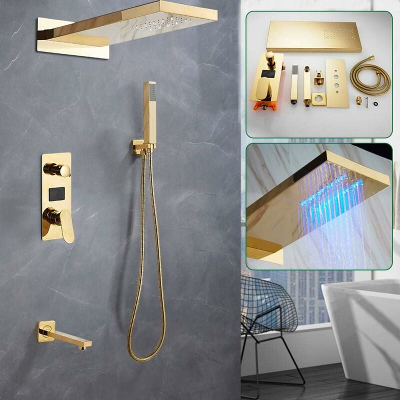 Senderpick - Système de douche avec thermostat (doré) - Douche à effet pluie - Colonne de douche - Pomme de douche - Douchette à main - Douche de sol