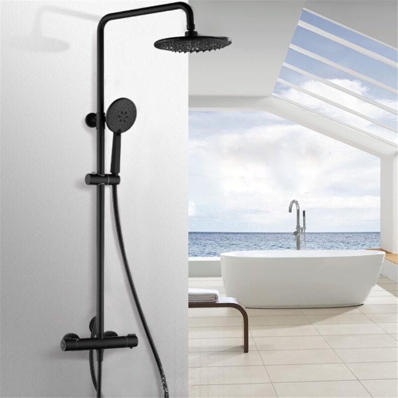 Système de douche avec thermostat, pommeau de douche haute pression, douche à effet pluie, hauteur réglable, colonne de douche noire, avec système de