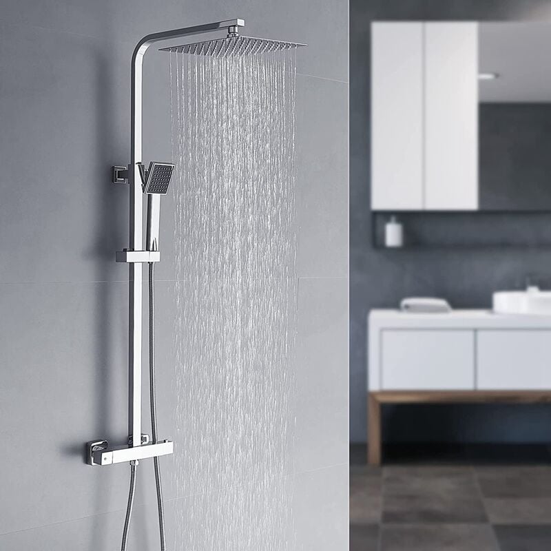 Système de douche avec thermostat, WasserHoy Set de douche à effet pluie sans percer Set de robinetterie de douche avec pomme de douche 2525cm avec
