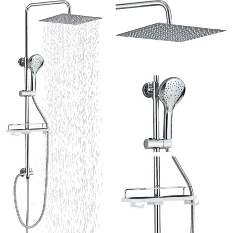 Système de douche Barre de douche carrée en acier inoxydable 30 x 30 cm Douchette à main avec 3 types de jet Étagère chromée Montage facile