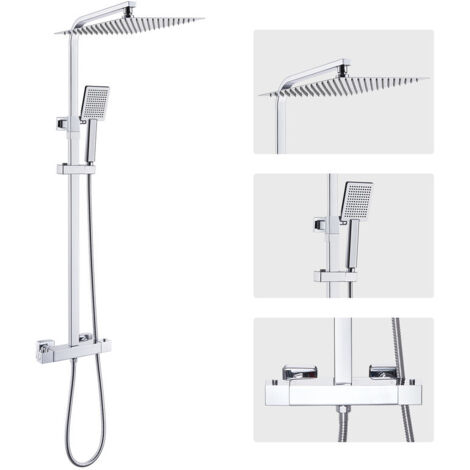 Système de douche chromé ensemble complet avec thermostat, ensemble de douche à effet pluie avec pomme de douche à effet pluie de 12 pouces, douchette à main et barre de douche réglable