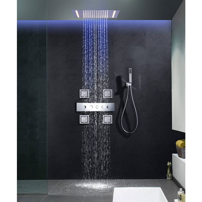 Système de douche complet thermostatique encastré au plafond LED Jet massant