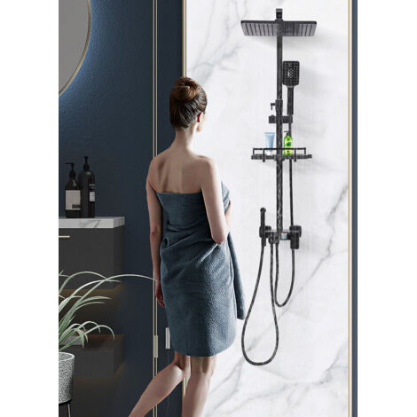 Système de douche, douchette chaude et froide avec écran d'affichage, ensemble de douche avec panier suspendu Douche à effet pluie, système de douche avec douchette à main, noir