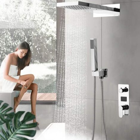 Système de douche encastré en argent avec douchette LCD Douche de pluie Douchette à main en cascade Douchette de tête Affichage numérique Mitigeur de douche Colonne de douche Ensemble de douche de bai